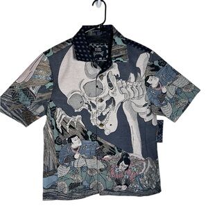 Rebel Vengeance Samurai Skull Short Sleeve Tapestry Shacket Jacket Size M